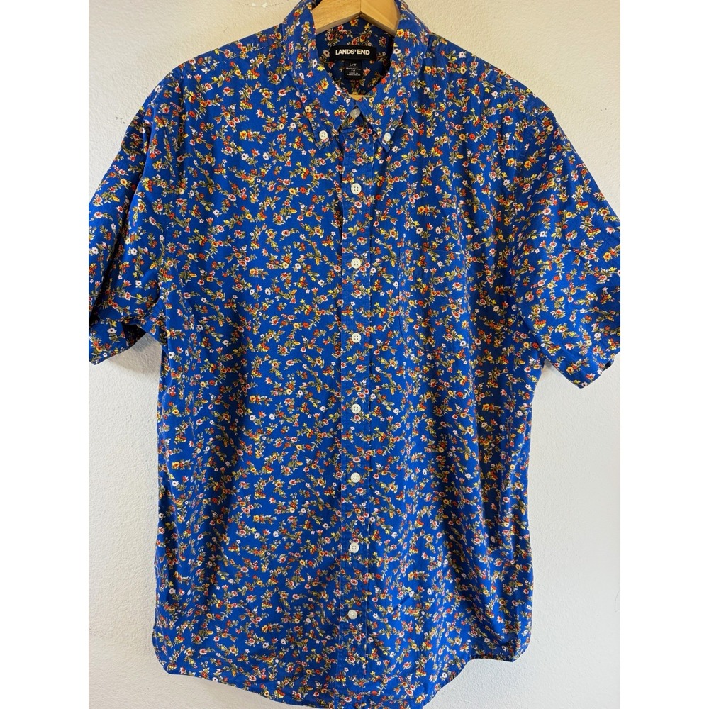 Lands' End Mens L Traditional Fit Cotton Floral Button Down Short Sleeve Shirt